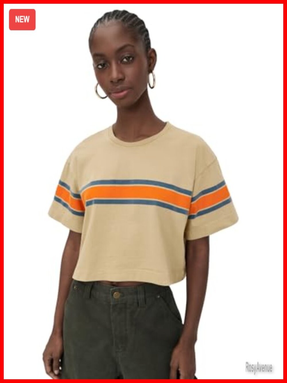 Contrast Stripe Crew Neck Short Sleeve Boxy Tee Casual Top
